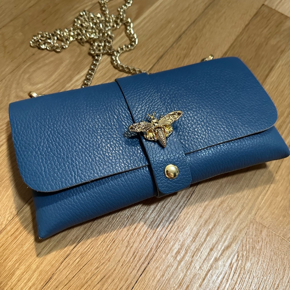 Vera Pelle Blue Leather Crossbody with Gold Chain